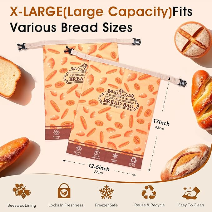 2 Pack Beeswax Bread Bags for Sourdough Homemade Bread, XL Cotton Lining Sourdough Reusable Natural Beeswax Bread Storage Bag, Keep Fresh and Upgraded Large Capacity Portable-17 x 12.6 Inches