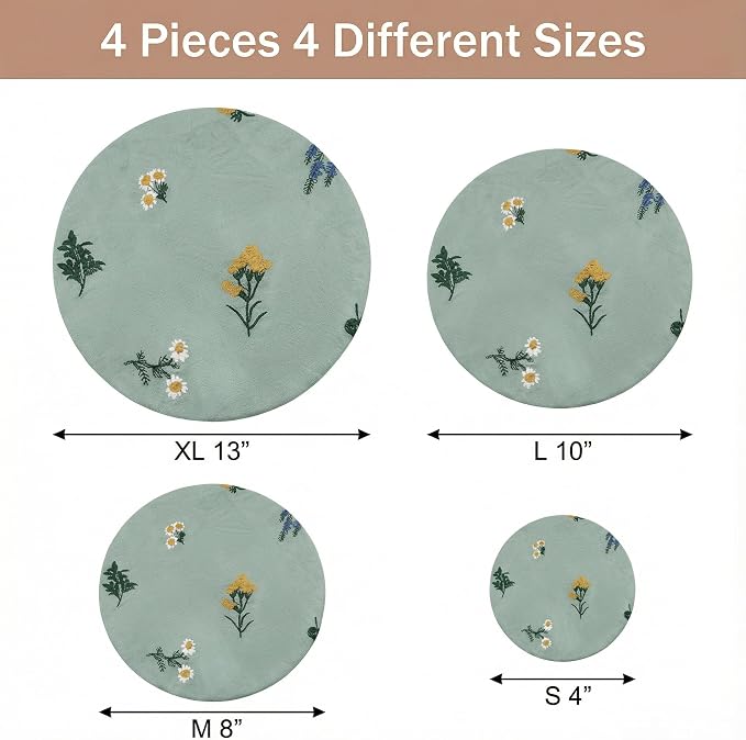 Reusable Bowl Covers (Set of 4) - Breathable Cotton Linen Sourdough Accessories - Elastic Durable Fabric Food Lids for Proofing Baskets & Bread Baking Supplies (Sage Green)