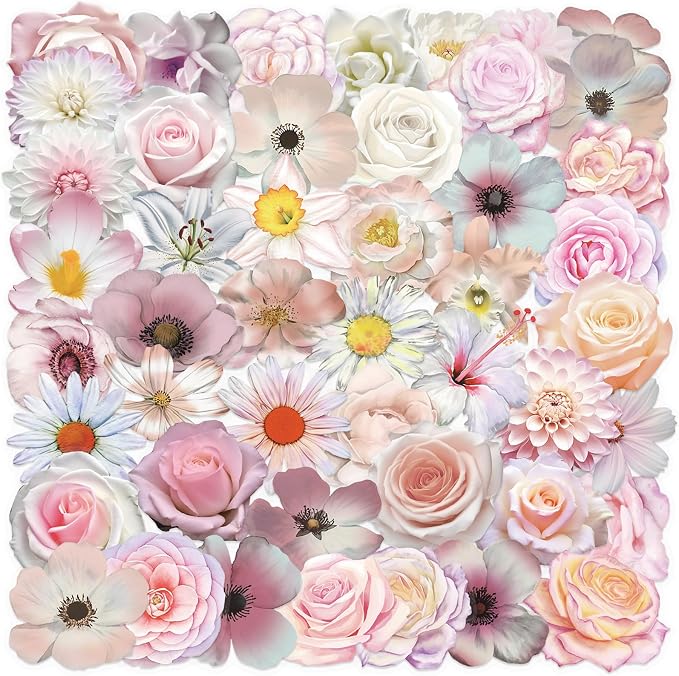 50Pcs Pink Flower Stickers for Laptop Water Bottle, Daisy and Rose Decals Self-Adhesive Scrapbooking Stickers Supplies Journal Stocking Stuffers for Adult Card Making Letters DIY (Colourful-B2)