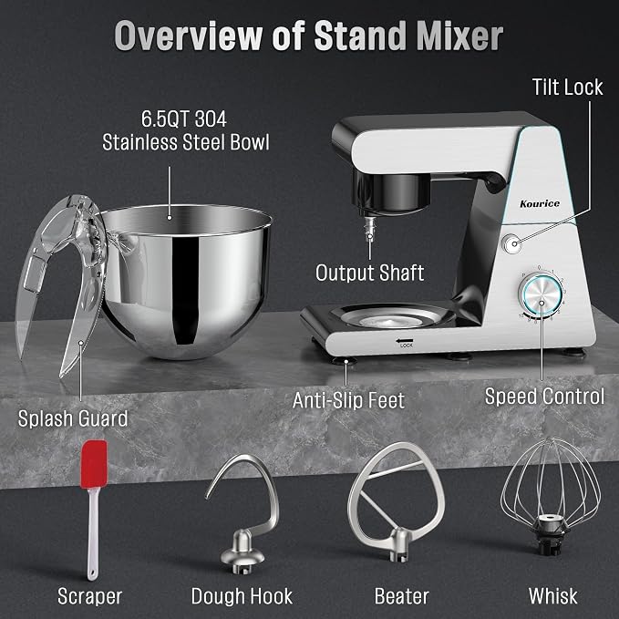 6.5QT Tilt-Head Stand Mixer, Heavy Duty Pro 10-Speed Electric Mixer, Stainless Steel Cladding & Bowl with Dough Hook, Wire Whisk and Flat Beater for Home Baking, Bread, Cake, Pizza Dough