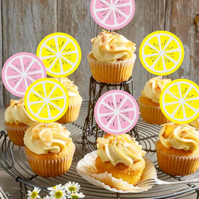 Rsstarxi 24 Pack Lemon Cupcake Toppers Glitter Fruit Theme Lemonade Cupcake Picks for Lemon Theme Baby Shower Boys Girls Birthday Main Squeeze Party Cake Decorations Supplies