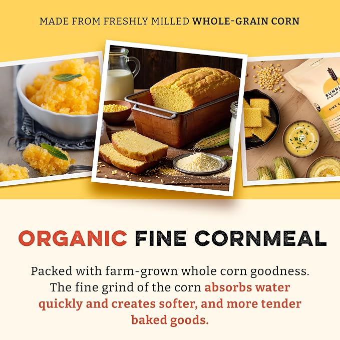 Sunrise Flour Mill Organic Fine Cornmeal | 2 LB | Yellow Cornmeal | Corn Flour | Fine Corn Meal | Milled from Organic Whole Kernel | No Artificial Ingredients | Non-Aluminum Baking Powder