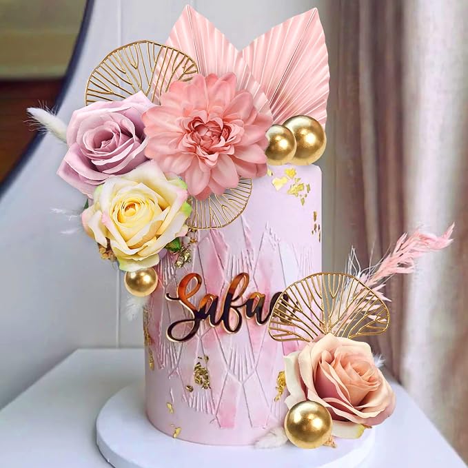 Boho Cake Topper Flower Cake Topper Pink Palm Leaves Cake Decorations with Artificial Rose Ginkgo Leaves and Balls for Wedding Birthday Boho Flower Themed Supplies (Pink)
