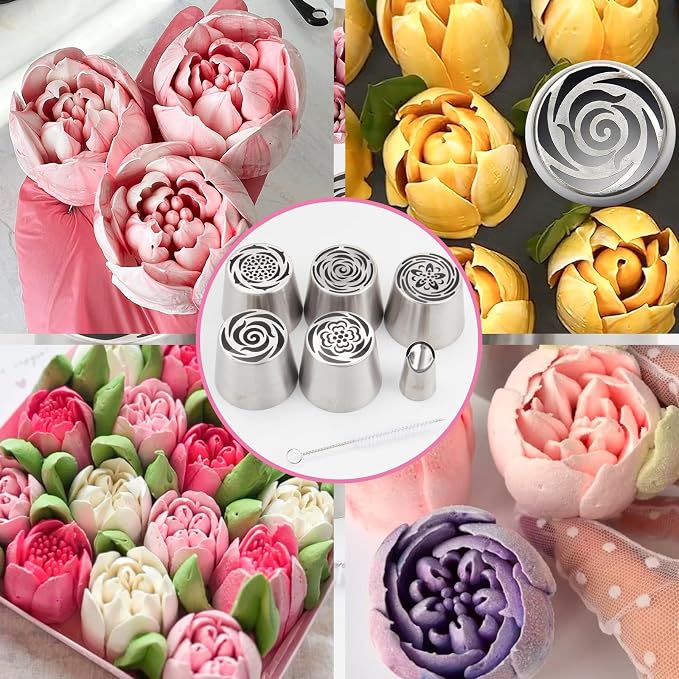 5pack Russian Piping Flower Nozzles Extra Large, Stainless Steel Rose Floral Piping Nozzles for Cake Decorating Icing, Cream Flower Bouquet DIY Cookies, Desserts Baking Tools (XXL, 5A）
