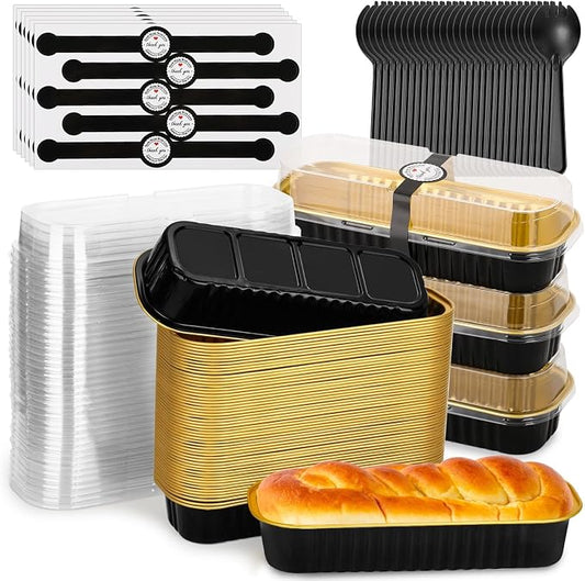 selizo 60 Pack 6.8oz Mini Loaf Baking Cake Pans with Lids, Rectangle Disposable Aluminum Foil Loaf Baking Pans, Small Baking Cake Tins Cup Cake Containers for Individual Cakes