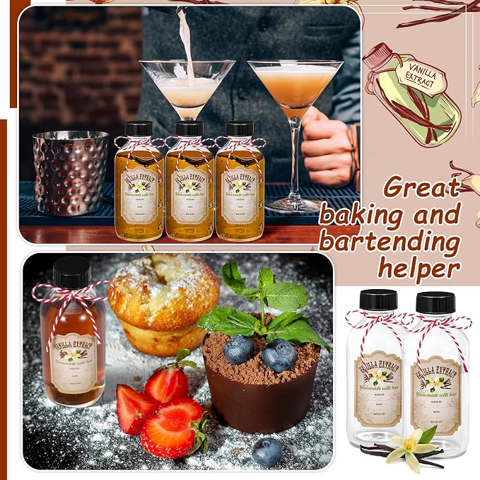 Uiifan 8 Pcs 4 oz Vanilla Extract Bottles Boston Round with Caps Glass Bottle and 8 Pcs Vanilla Extract Labels Stickers for Syrup Gift Glass Food Storage Canister Set Sauce Beans