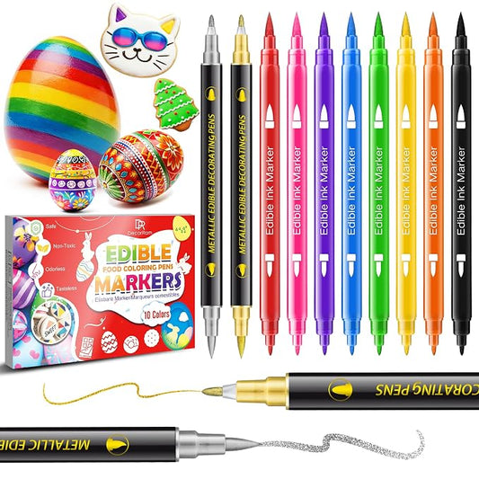 Edible Markers for Cookie Decorating, 10Pcs Food Coloring Pens Double Side Food Grade Edible Pens with Fine & Thick Tip for Cakes, Easter Eggs, Fondant, Cookies, Frosting, Painting, Baking, Macarons