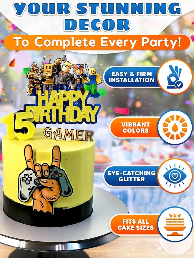 Easy Adjusting Gamer Cake Topper with Eye-Catching Design - 5.1"x5.9" Video Game Cake Topper Happy Birthday, Made from Cardboard with Sturdy Plastic Stick - Boy & Girl Gamer Birthday Party Decorations