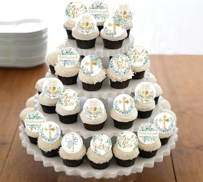 64 PCS Edible God Bless Cupcake Toppers Edible First Communion Cupcake Picks Greenery Leaves Cross Baptism Cake Decorations for God Bless Theme Baby Shower Birthday Party Cake Decorations Supplies