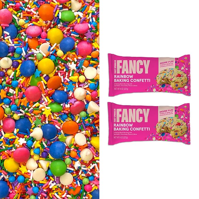 Fancy Sprinkles Rainbow Baking Confetti | Crunchy Jimmies, Chocolate Gems, Candy-Coated Morsels & Star Confetti | Cookie Mix-In & Cake Batter | Birthday & Rainbow Party | 8 oz (2 Pack)