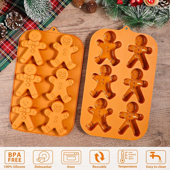 Webake Gingerbread Man Silicone Mold, 6-Cavity Christmas Molds Shaped with Gingerbread Man for Cake, Soap, Jelly, Cookie (Pack of 2)