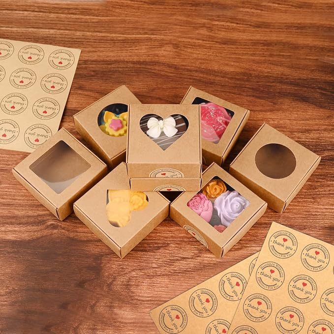 Moukiween 30 PCS Brown Soap Boxes for Homemade Soap, 2.95 X 2.95X 1.18 Inch Packaging Gift Boxes with Window, Small Square Soap Wrapping Boxes (Brown)
