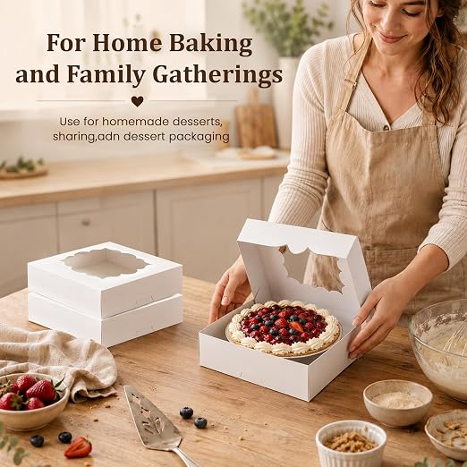 NPLUX 20 Pack Pie Boxes 10x10x3inch Bakery Boxes with Window Dessert Pastry Box for Pies,Cheesecakes and Chocolate Covered Strawberries, Graduation Gifts Party Favors(White)