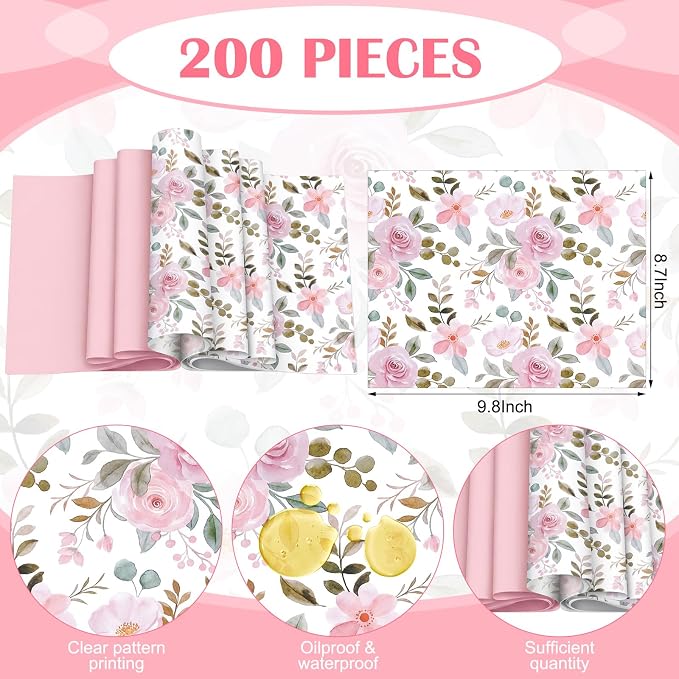 Feifeiya Floral Wax Paper Sheet for Food Chinoiserie Bird Deli Paper Waterproof Sandwich Wrapping Greaseproof Food Basket Liners for Picnic Party Kitchen Supply (200, Pink, Watercolor)