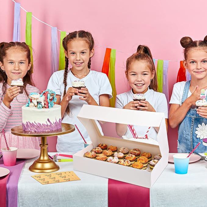 Fuutreo 5 Pack White Mini Cupcake Boxes with Window 21 x 13 x 4 Inches 24 Count Auto Pop up Large Cookie Boxes Cupcake Containers with Thank You Label Stickers for Muffins Pastries Donuts Cookies
