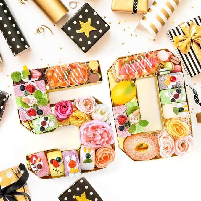 Cardboard Number for Charcuterie 50 Set Fillable Tray 10.2'' Gold Charcuterie Paper Box for 50th Birthday Anniversary Party Decorations Chocolate Candy Cupcake Container