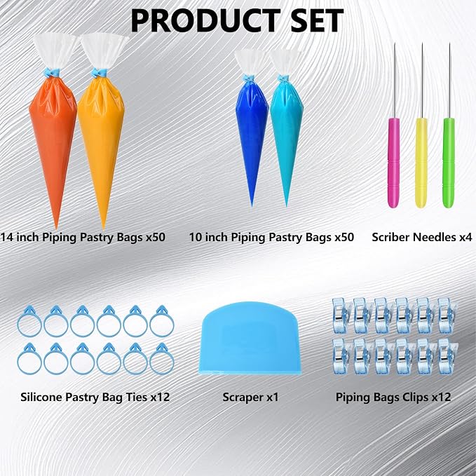 Artcome 129pcs Thickened Tipless Piping Bags Set - 100pcs Heavy-Duty Disposable Pastry Bags - 12 Silicone Ties, 12 Clips, 4 Scriber Needles & 1 Scraper - Ideal for Cookie & Cake Holiday DIY Decorating