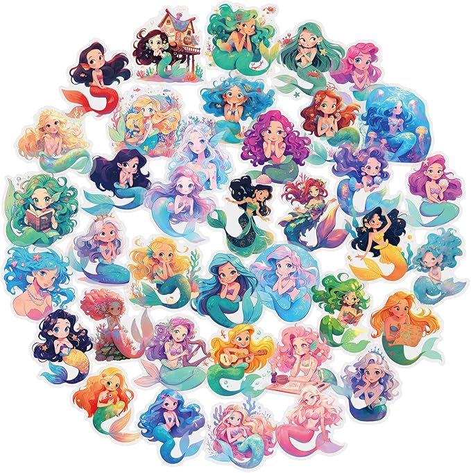 50 pcs Watercolor Cute Mermaid Clear PET Stickers, Fantasy Ocean Princess Transparent Die-Cut Decals, Waterproof Aesthetic Stickers for Girls Journal Scrapbook Planner DIY Party Craft Decor