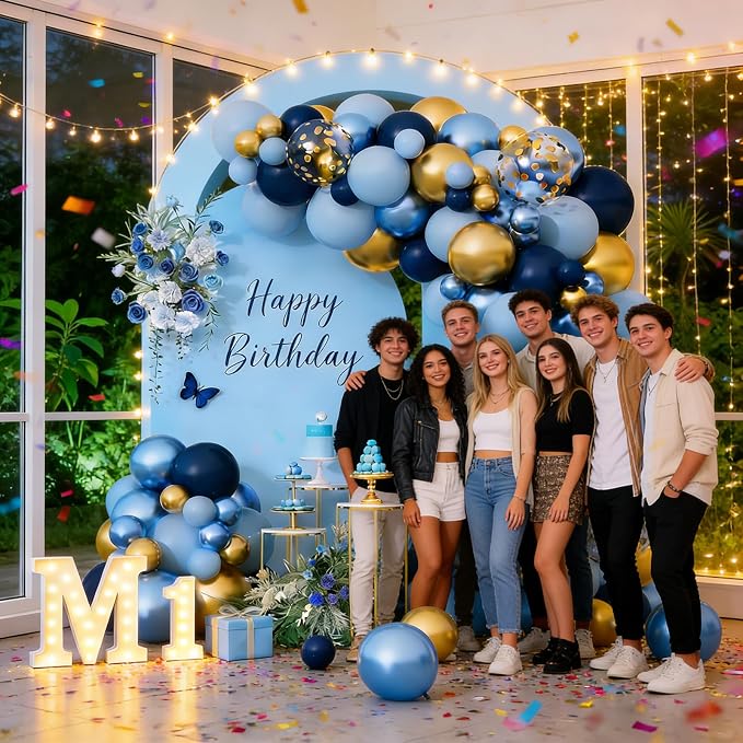 Blue Gold Balloons Garland Arch Kit, Navy Blue Light Blue Metallic Gold Blue Balloon Arch Kit, Macaron Blue Gold Confetti Balloon for Birthday Baby Shower Wedding Graduation Father’s Party Decorations