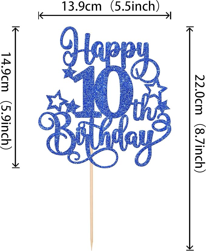 1 PCS Happy 10th Birthday Cake Topper Glitter Cheers to 10 Years Birthday Cake Pick Hello 10 Fabulous Cake Decoration for Happy 10th Birthday Anniversary Party Decorations Supplies Blue