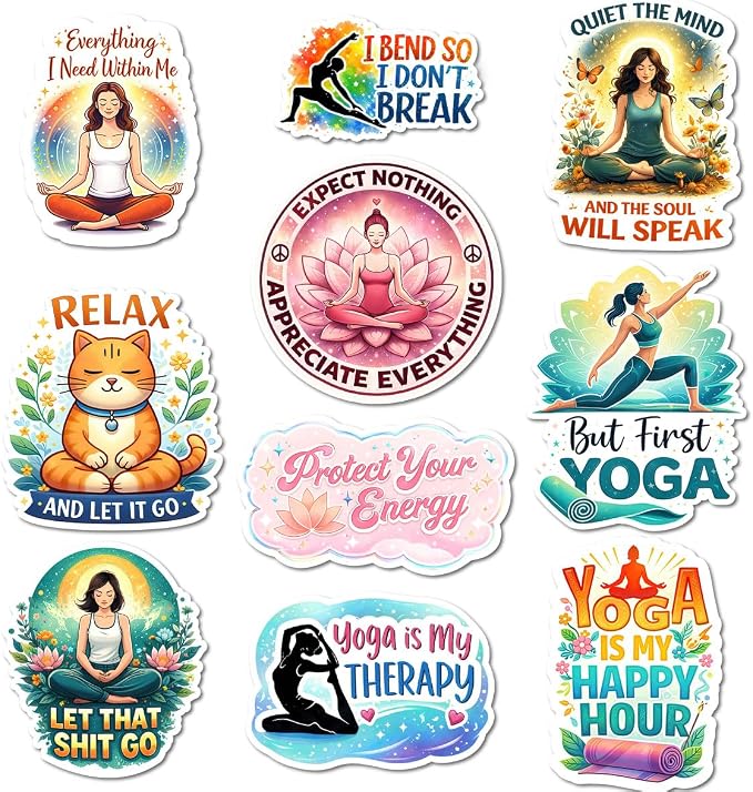 10pcs Yoga Stickers Gifts for Yoga Lovers Women Wellness Multiple Different Design, Waterproof UV-Resistant for Water Bottle, Laptop, Window, Car