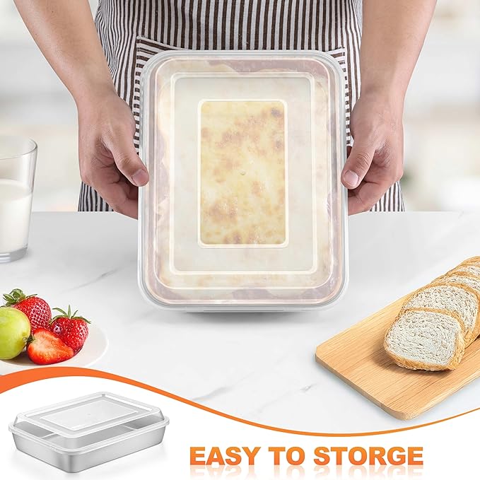 Herogo Baking Pan with Lid (4 Pans + 4 Lids), 8 x 10 Inch Nonstick Rectangle Stainless Steel Cake Bakeware Set, for Brownies Cakes Casseroles, Non Toxic & Dishwasher Safe