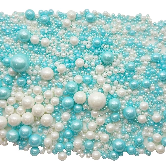 SE Si&Moos Baby Blue and White Pearl Sprinkles for Cake Decorating White Edible Pearl Cake Decorations Light Blue Sprinkles for Cake, Cupcake, Baby Shower Birthday Party Holiday Christmas Supplies 3.5 OZ