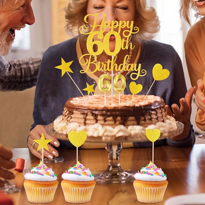 Happy 60th Birthday Cake Topper for 60th Birthday Decorations Numeral 60 Candle with Glitter Heart Cupcake Picks Set for Men Women Hello 60 Birthday Anniversary Party Cake Decor Supplies（GOLD）
