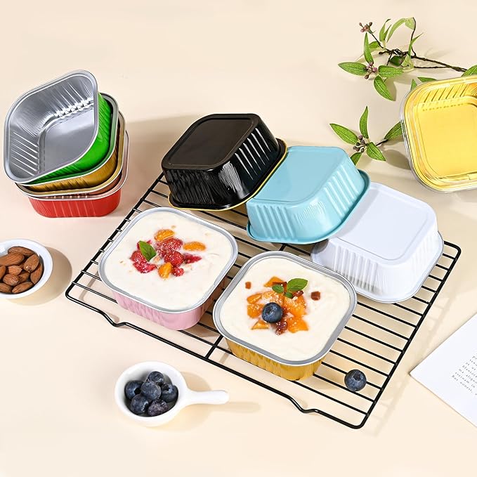 40 Pack Mini Cake Pans with Lids, 5oz Square Aluminum Foil Brownie Baking Cups, Muffin Tin Ramekins, Disposable Dessert Cupcake Cups for Wedding Birthday Party, green