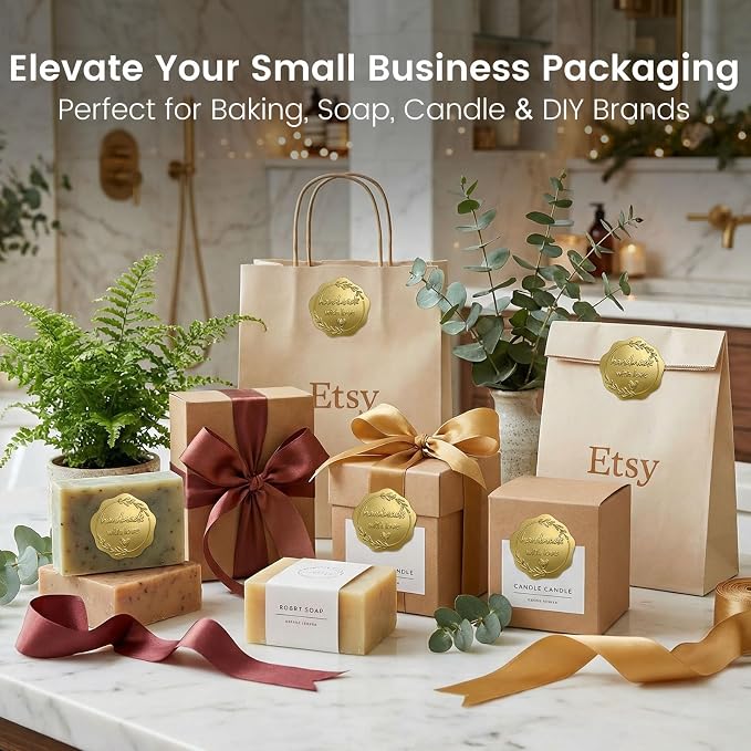 100 x Handmade with Love Stickers, Made with Love Stickers for Small Business Packaging, Embossed Matte Gold Bakery Stickers for Baked with Love Gifts, Wedding Favor Bags & Thank You Envelopes, 1.77''