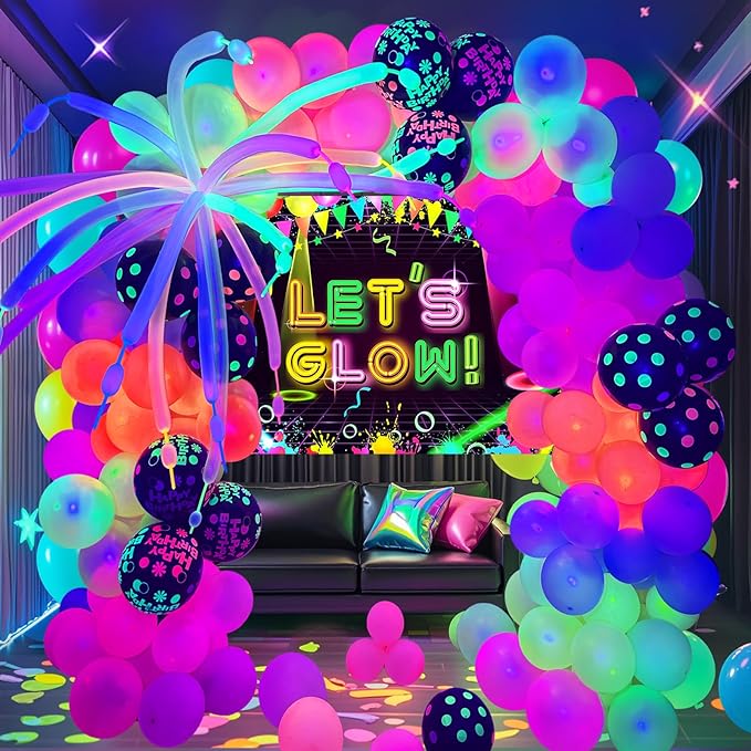 160 Pcs Neon Balloons Arch Garland Kit, Glow in the Dark Birthday Party Decorations, UV Balloons Party Banner Glow Party Supplies Neon Birthday Party Decor