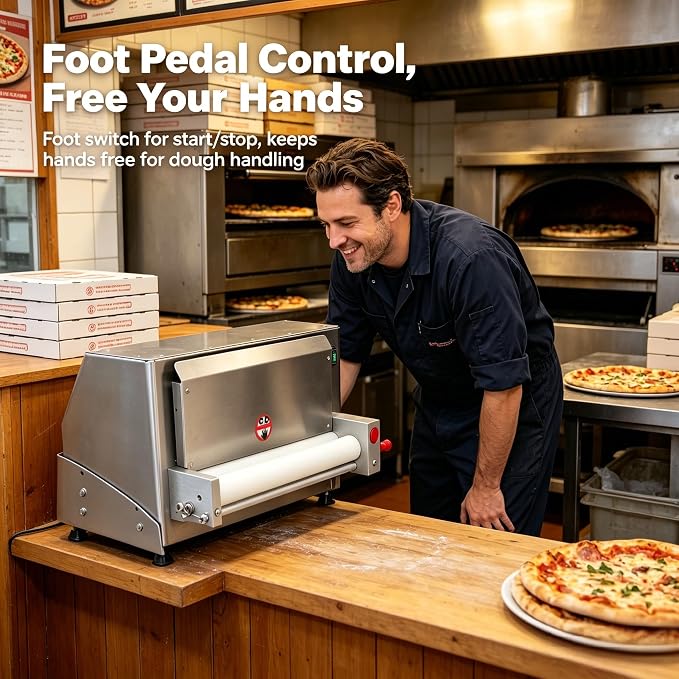 450W Electric Pizza Dough Press Machine, Commercial Dough Sheeter with Adjustable Thickness 1-5.5mm, 260 Pcs/Hour Automatic Pizza Maker with Foot Pedal, for 3-18 Inch Crust, Silver