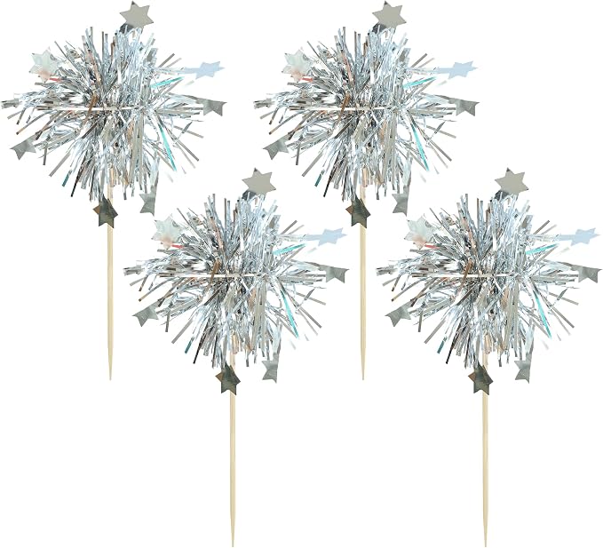 Gyufise 30Pcs Foil Firework Cupcake Toppers Sparkle Tinsel Star Cake Toppers Tinsel Drink Cake Decoration Cocktail Picks for Birthday Wedding Graduation Party Supplies Silver