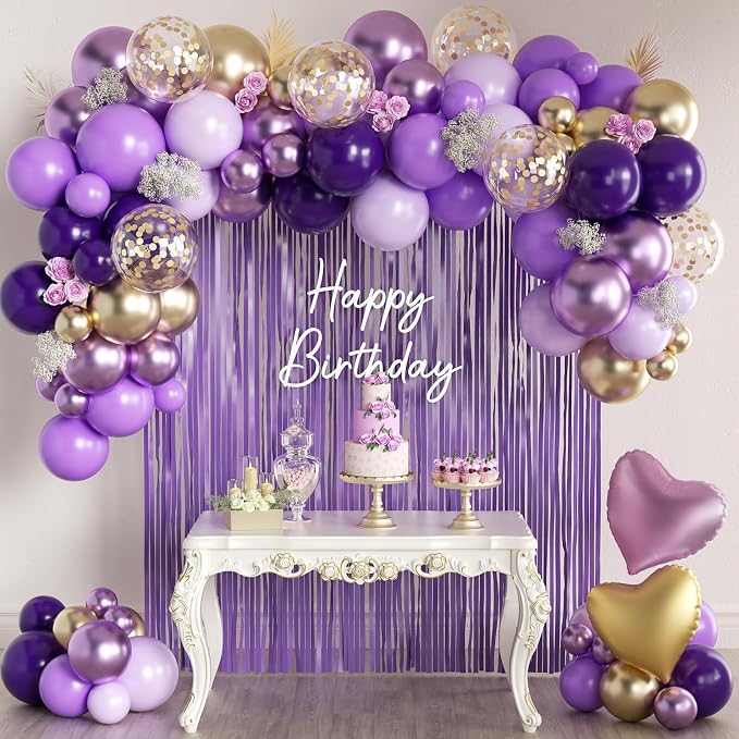 157Pcs Purple and Gold Balloons Garland Arch Kit with Fringe Curtain for Girl Princess Woman Birthday Bridal Baby Shower Engagement Wedding Party Decorations