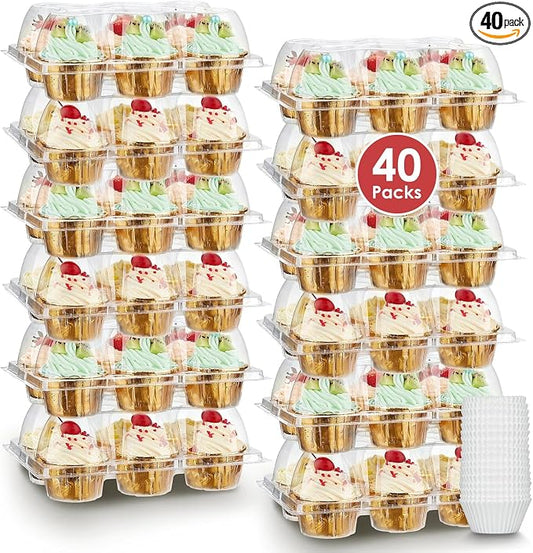 (6 Count x 40 Sets) Stackable Cupcake Containers with 240 Pack Liners, Plastic Cupcakes Boxes Holders for 6 cakes, High Tall Dome Lid Cupcakes Carrier, Clear Cupcake Trays/Containers/Holders