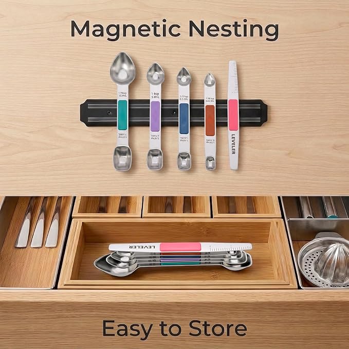 Heavy Duty Stainless Steel Measuring Spoons,Unique Dual-Head Tablespoon and Teaspoon with Bonus Leveler,Engraved Markings,Nonslip Silicone Grip,Great Baking Gift Set(colourful)(set of 5)