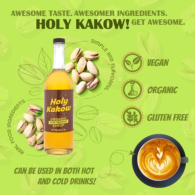 Holy Kakow Cafe Organic Pistachio Syrup - Pistachio Coffee Syrup, Organic Syrup for Coffee, Pistachio Syrup for Coffee, Add to Latte, Cocktail and Shake, Real Food Ingredients, Specific Flavor - 750ml