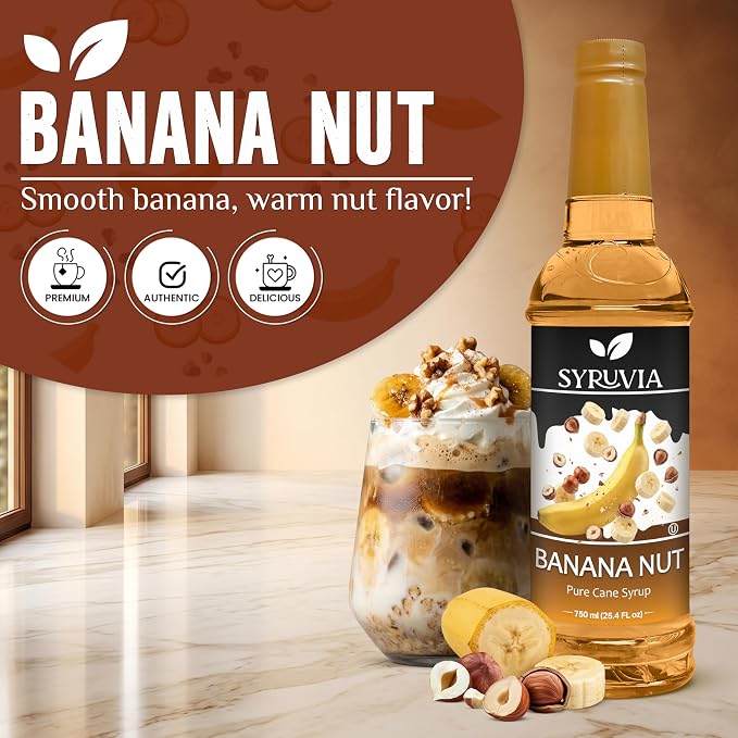Syruvia Banana Nut Syrup, Flavored Syrup for Coffee, Fruit Drinks, Lemonades, and Desserts – 25.4 fl oz - with Pump