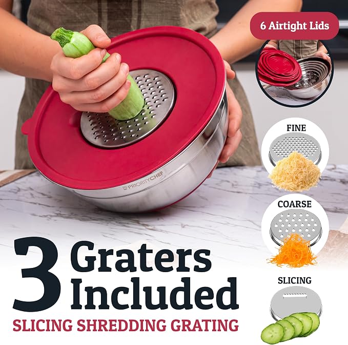 Priority Chef 6pc Stainless Steel Mixing Bowls with Lids Set, 7 Qt, Red | 6pc Non-slip nesting bowls 1-7 qt, 3 graters & interior measurement marks; for meal prep, baking & airtight fridge storage