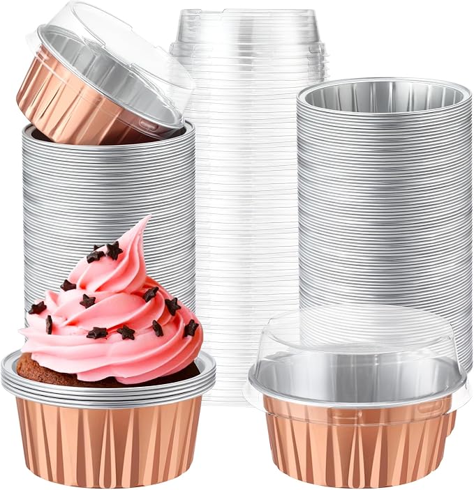 200 Pack Aluminum Foil Cupcake Liners with Lids, 5 oz Round Baking Cup, Disposable Ramekin Container for Graduation Wedding Independence Day Party(Rose Gold,Plain)