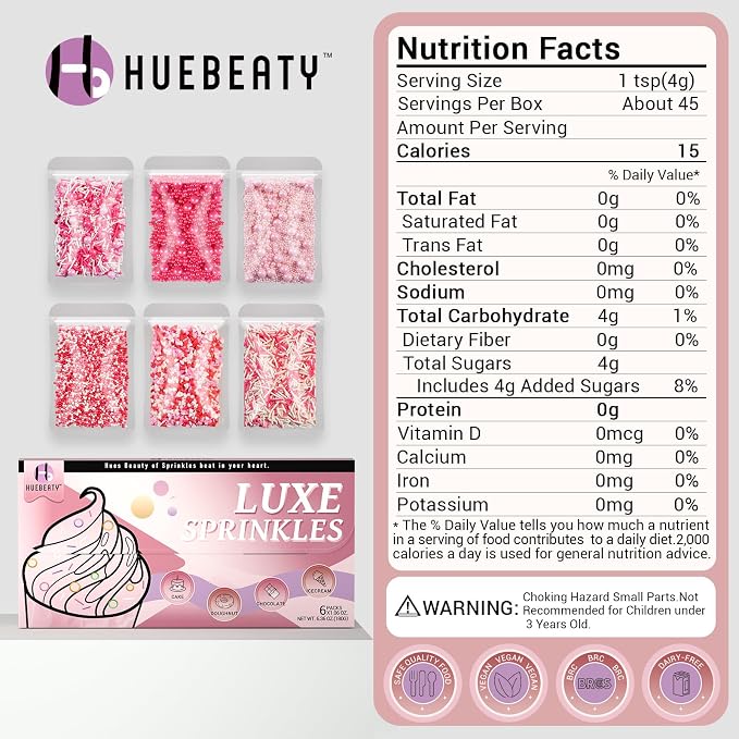 HUEBEATY 6-in-1 Pink Sprinkles for Cakes Cupcakes Decorating – 6.36oz/180g Edible Baby Shower, Strawberry, Princess & Valentine’s Day Sprinkles with Pink Pearls, Red Pink Mini Hearts, Jimmies & Nonpareils for Cookies, Ice Cream & Desserts Topping and B...