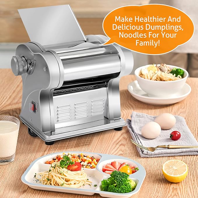 WICHEMI Electric Pasta Maker Machine Pasta Dough Spaghetti Roller Noodle Pressing Machine Stainless Steel 135W for Home Family Use (1.5mm flat noodle+4mm flat noodle)