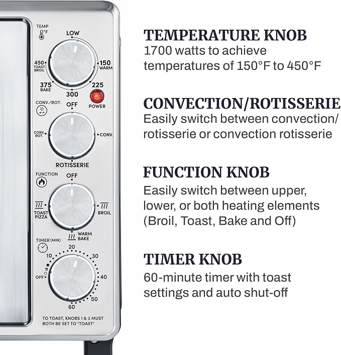 Elite Gourmet ETO4524 45L Countertop Convection Toaster Oven, French Doors, Adjustable Temperature & Timer, Bake, Roast, Broil, Toast, Includes Baking Pan, Rack, Rotisserie, Stainless Steel