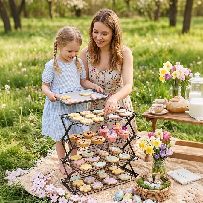 ShellKingdom 4 Tier Collapsible Cooling Rack, Outdoor Camping Picnic Shelf, Wire Cooling Rack for Baking, Cookies, Cake, Roasting, Grilling, Drying Rack - Black