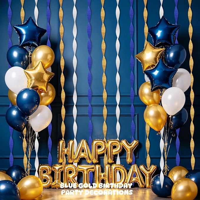 AOYOO Crepe Paper Streamers, 6 Rolls Dark Blue White and Gold Party Streamers, Premium Navy Blue and Gold Party Decorations for Graduation, Boy Baby Shower, Birthday and Retirement Supplies