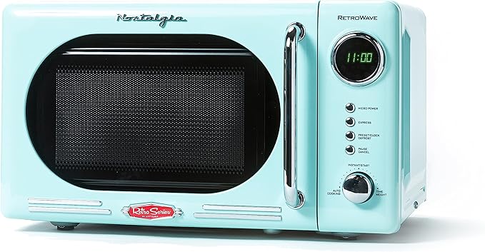 Nostalgia Countertop Microwave Oven with Easy Clean Interior - Retro Microwave with LED Display & Child Lock- Compact 0.7 Cu. Ft. Oven With 12 Pre-Programmed Settings for Quick Cooking- 700-Watts-Aqua