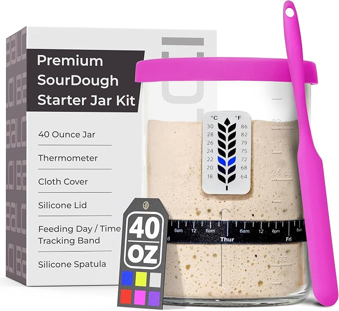 Premium Sourdough Starter Jar - 40oz Large Sourdough Jar with Marked Feeding Band, Scraper, Cloth Cover and Silicone Lid/Base, Wide Mouth Starter Kit - Pink