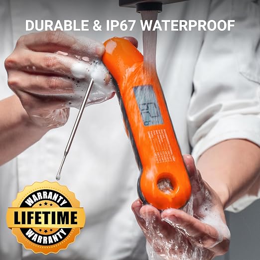 Professional Meat Thermometer Digital, Ultra-Fast 0.5 Sec Instant Read, NIST Certified ±0.5°F Accuracy, IP67 Waterproof, Auto-Rotating Backlit Display, Lift-to-Wake, for BBQ/Candy, Orange&Gray