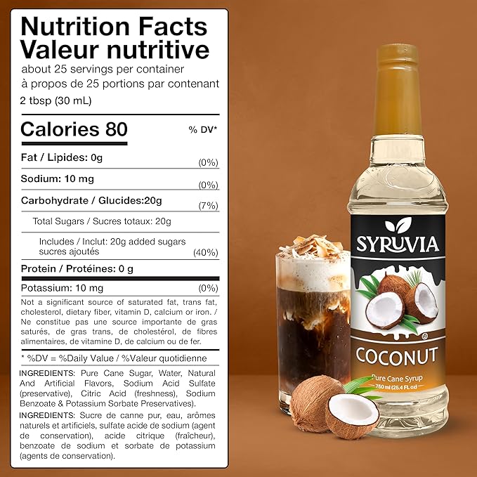 Syruvia Coconut Syrup, Flavored Syrup for Coffee, Cocktails, Drinks, and Desserts – 25.4 fl oz - with Pump