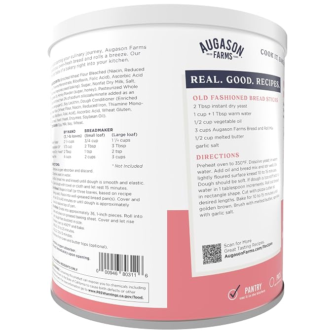 Augason Farms Bread and Roll Mix Can Emergency Food Supply, 48 Servings, 10 Year Shelf Life - Makes 6 Loaves or 72 Bread Rolls for Prepared Meals Ready to Eat (Pack of 3)